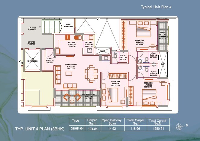 Floor plan of 3 BHK 1280 Sq. Ft. Apartment in Vatsalya Puram, Pune