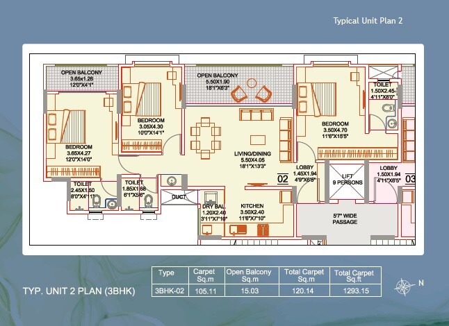 Floor plan of 3 BHK 1293 Sq. Ft. Apartment in Vatsalya Puram, Pune