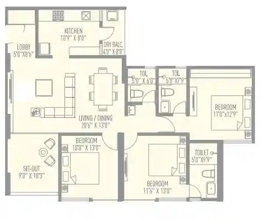 3 BHK 1142 Sq. Ft. Apartment in VB Aundh Renaissance