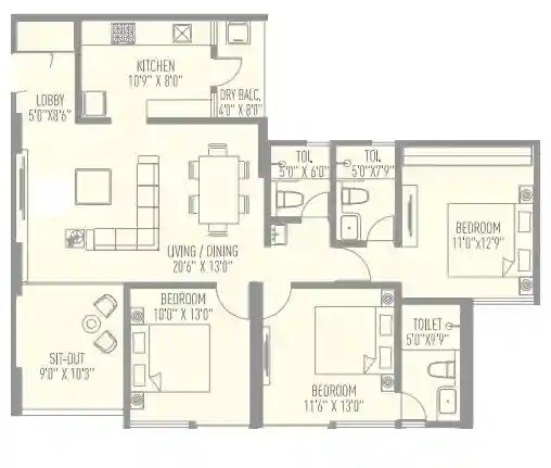 Floor plan of 3 BHK 1142 Sq. Ft. Apartment in VB Aundh Renaissance, Pune