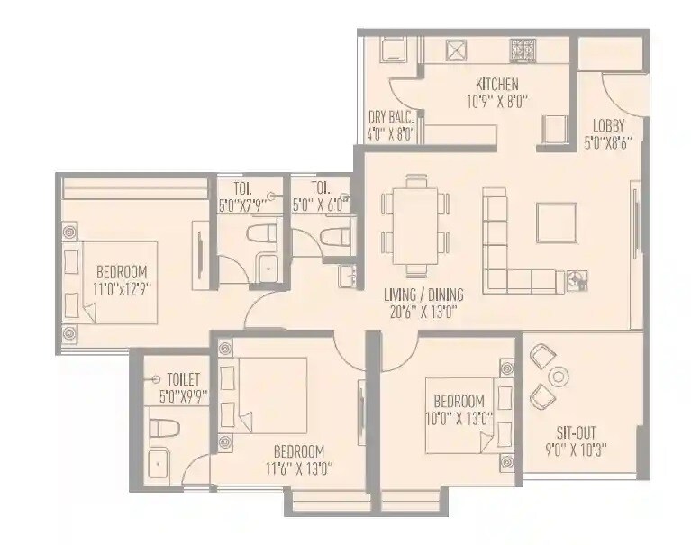 Floor plan of 3 BHK 1256 Sq. Ft. Apartment in VB Aundh Renaissance, Pune