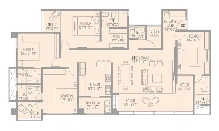 Floor plan of 4 BHK 1858 Sq. Ft. Apartment in VB Aundh Renaissance, Pune