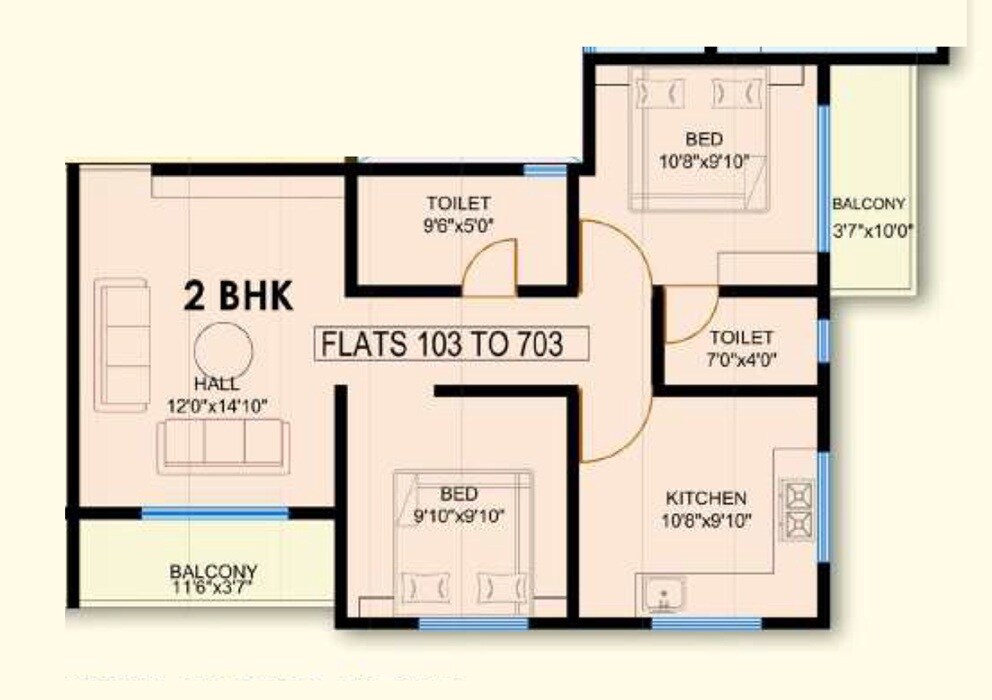 Floor plan of 2 BHK 728 Sq. Ft. Apartment in VB Global Silver Park, Pune