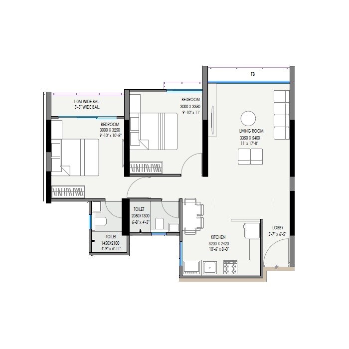 Floor plan of 2 BHK 876 Sq. Ft. Apartment in VCC Viara, Pune