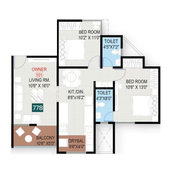 Floor plan of 2 BHK 778 Sq. Ft. Apartment in Ved Anandghan, Pune