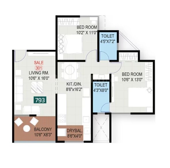 Floor plan of 2 BHK 793 Sq. Ft. Apartment in Ved Anandghan, Pune