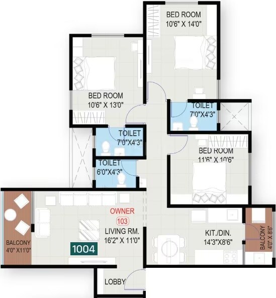 Floor plan of 3 BHK 1004 Sq. Ft. Apartment in Ved Anandghan, Pune