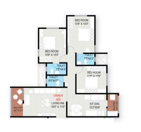 Floor plan of 3 BHK 983 Sq. Ft. Apartment in Ved Anandghan, Pune