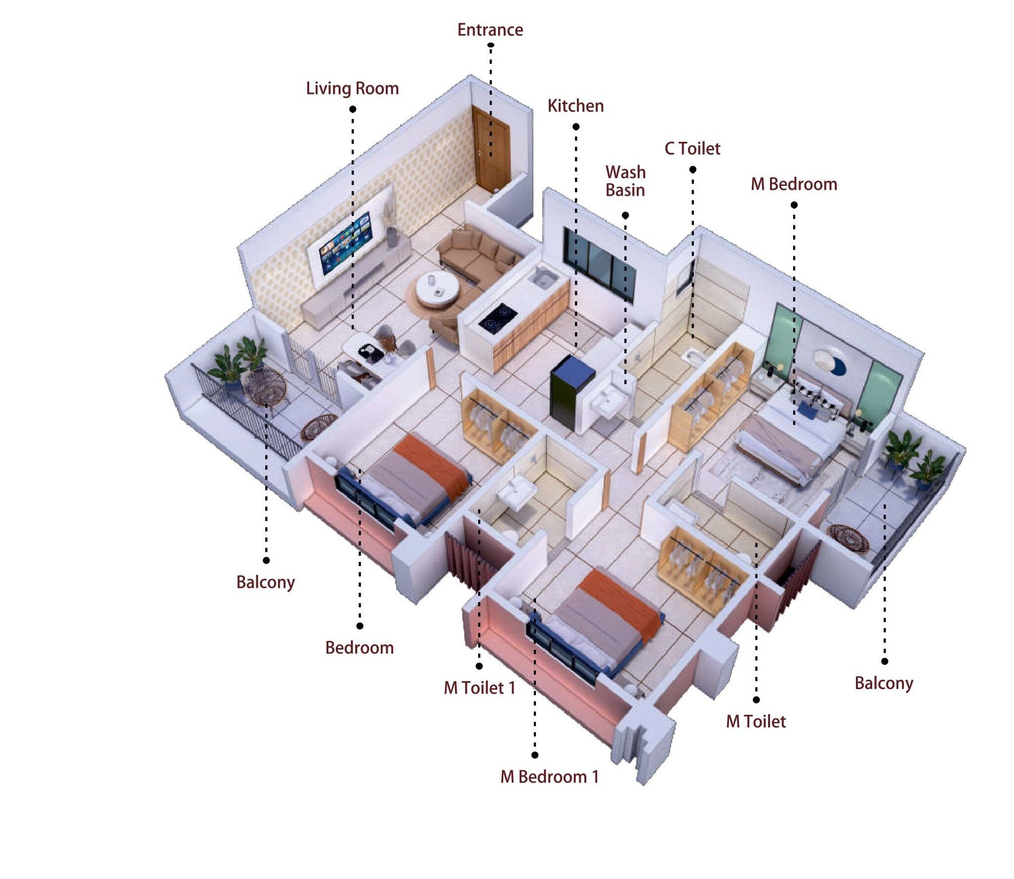 Floor plan of 3 BHK 847 Sq. Ft. Apartment in Ved Krushanrang, Pune