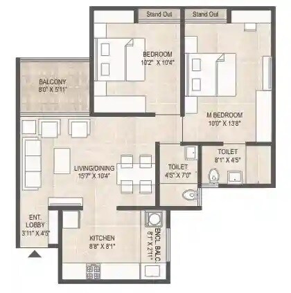 Floor plan of 2 BHK 724 Sq. Ft. Apartment in Ved Mangalam Melizma, Pune