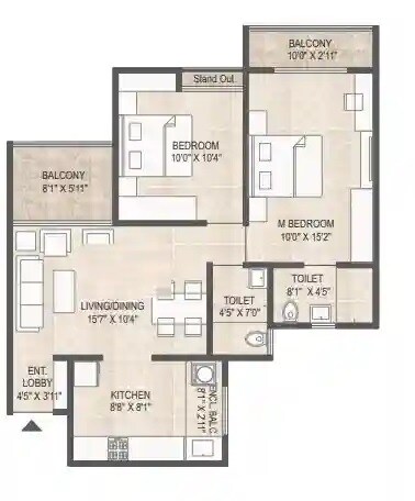 Floor plan of 2 BHK 842 Sq. Ft. Apartment in Ved Mangalam Melizma, Pune