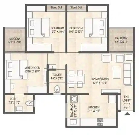 Floor plan of 3 BHK 933 Sq. Ft. Apartment in Ved Mangalam Melizma, Pune