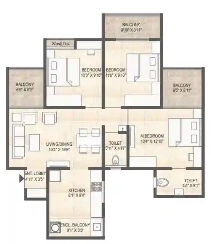 Floor plan of 3 BHK 1177 Sq. Ft. Apartment in Ved Mangalam Melizma, Pune