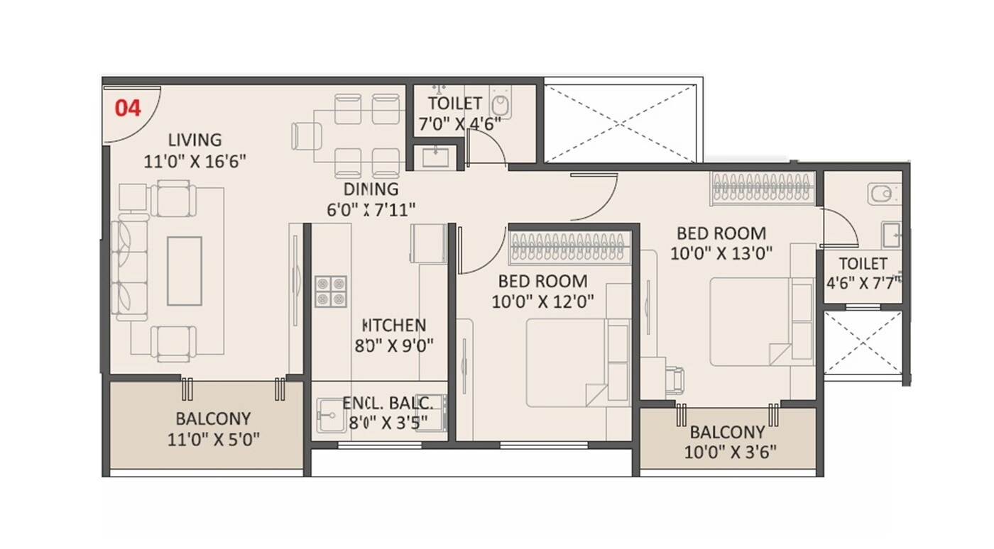Floor plan of 2 BHK 810 Sq. Ft. Apartment in Vedant Eleve, Pune