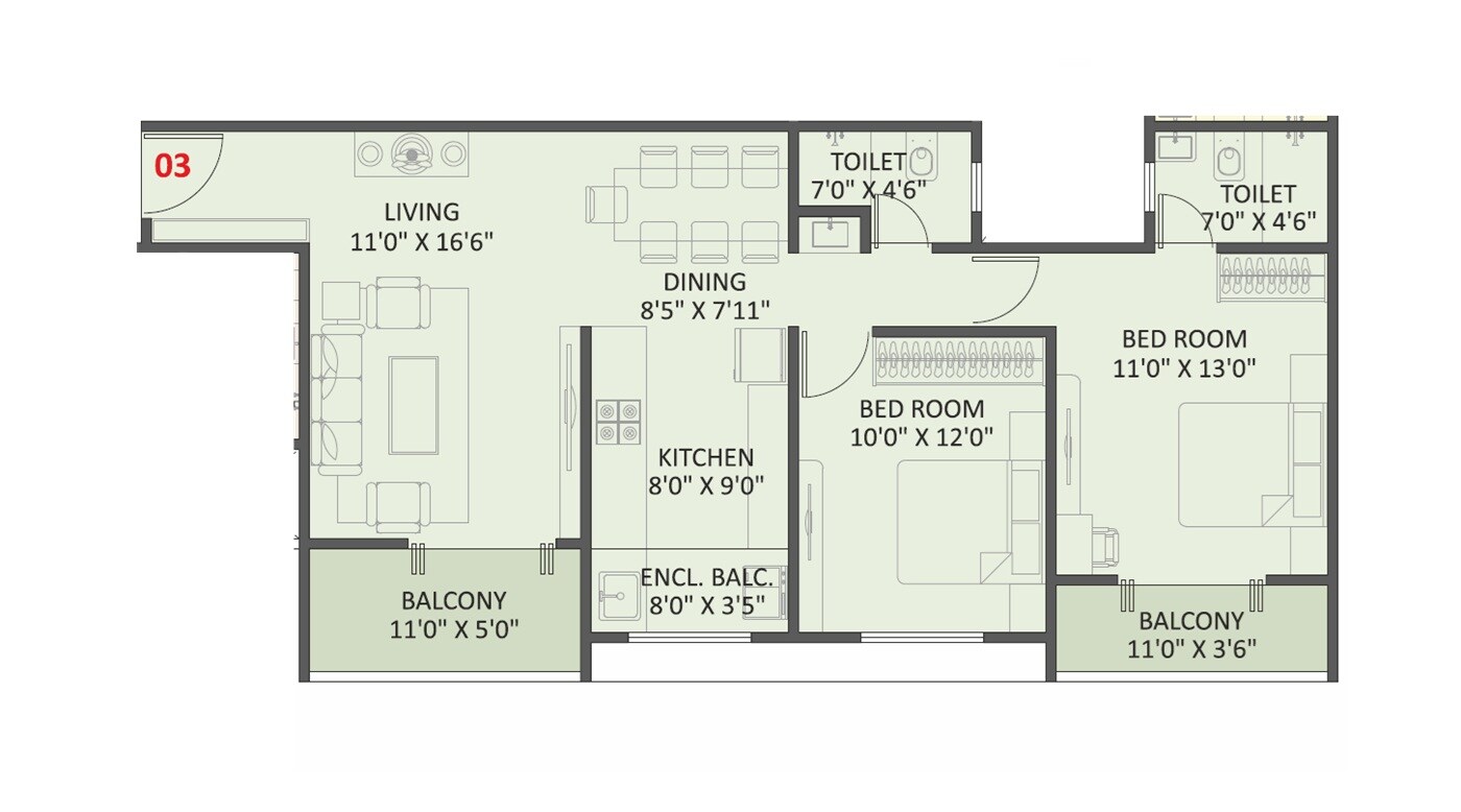 2 BHK 865 Sq. Ft. Apartment