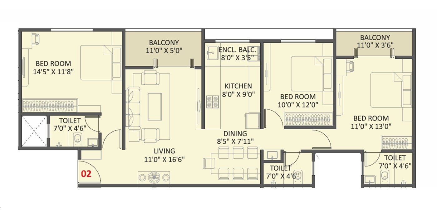 Floor plan of 3 BHK 1095 Sq. Ft. Apartment in Vedant Eleve, Pune