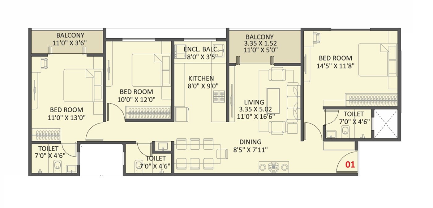 Floor plan of 3 BHK 1106 Sq. Ft. Apartment in Vedant Eleve, Pune