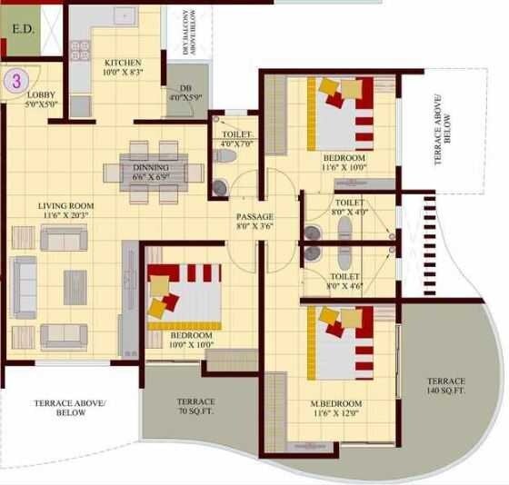 Floor plan of 3 BHK Apartment - 1123 sq. ft. in Vedant Kingston Atlantis, Pune