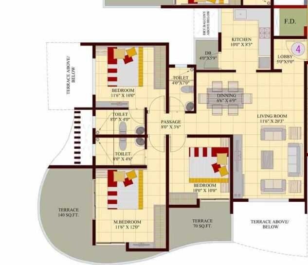 Floor plan of 3 BHK Apartment - 1242 sq. ft. in Vedant Kingston Atlantis, Pune