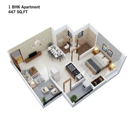 Floor plan of 1 BHK 447 Sq. Ft. Apartment in Vedant Kingston Greens Phase 1, Pune