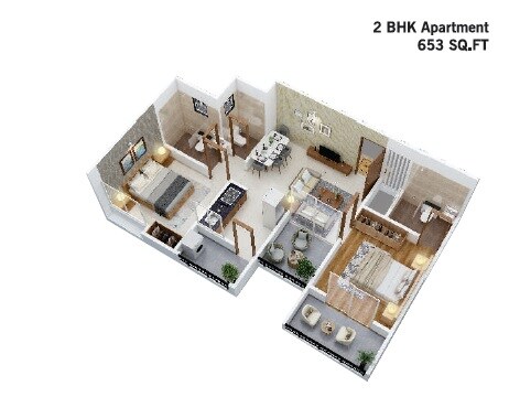Floor plan of 2 BHK 653 Sq. Ft. Apartment in Vedant Kingston Greens Phase 1, Pune