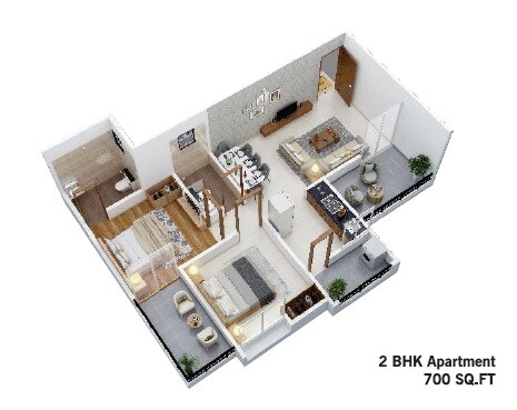 Floor plan of 2 BHK 700 Sq. Ft. Apartment in Vedant Kingston Greens Phase 1, Pune