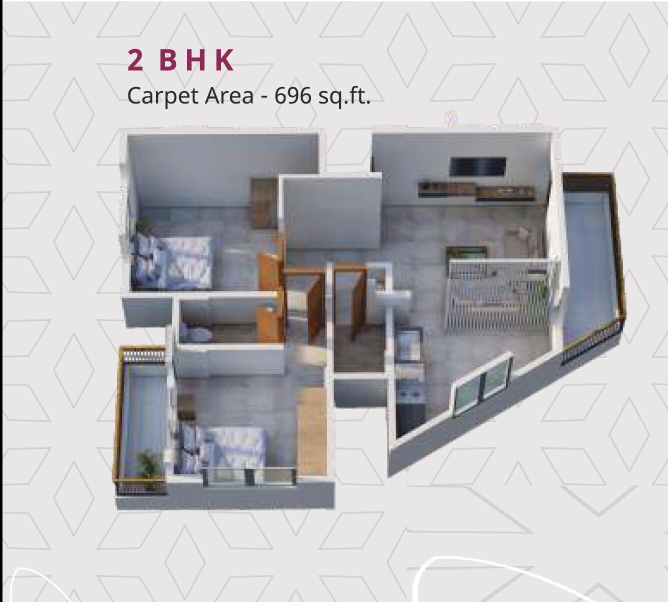 Floor plan of 2 BHK Apartment - 696 sq. ft. in Vedant Pride, Pune