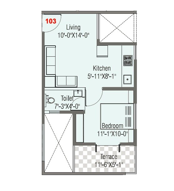 Floor plan of 1 BHK 336 Sq. Ft. Apartment in Vedantha Maanya Heights, Pune