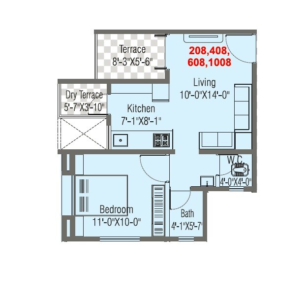 Floor plan of 1 BHK 393 Sq. Ft. Apartment in Vedantha Maanya Heights, Pune