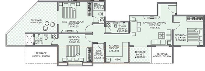 Floor plan of 3 BHK 670 Sq. Ft. Apartment in Veddant Ganesh Bella Montana, Pune