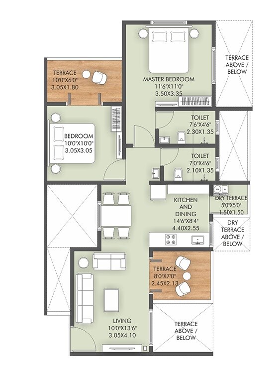 Floor plan of 2 BHK 732 Sq. Ft. Apartment in Veddant Ganesh Bella Rossa Phase 2, Pune