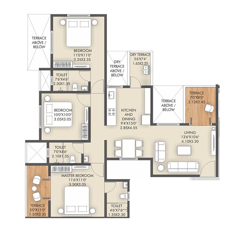 Floor plan of 3 BHK 918 Sq. Ft. Apartment in Veddant Ganesh Bella Rossa Phase 2, Pune