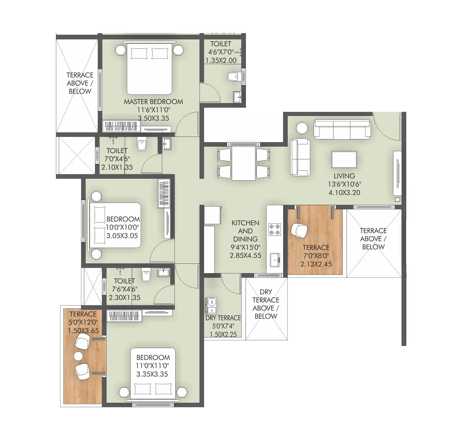 Floor plan of 3 BHK 1037 Sq. Ft. Apartment in Veddant Ganesh Bella Rossa Phase 2, Pune