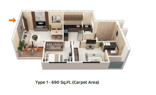 Floor plan of 2 BHK 690 Sq. Ft. Apartment in Venkatesh Anandmayi, Pune