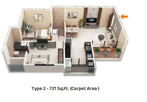 Floor plan of 2 BHK 721 Sq. Ft. Apartment in Venkatesh Anandmayi, Pune