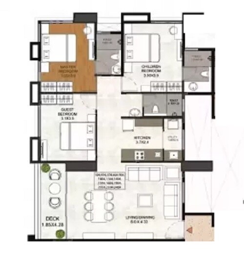Floor plan of 3 BHK 1373 Sq. Ft. Apartment in Venkatesh Erandwane Central, Pune