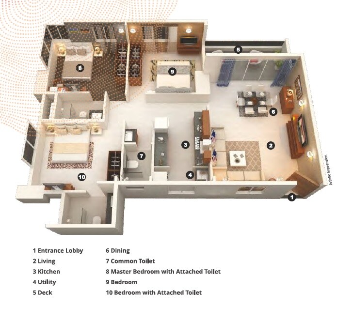 Floor plan of 3 BHK 1157 Sq. Ft. Apartment in Venkatesh Erandwane Central, Pune