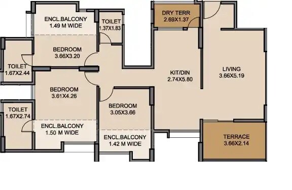 Floor plan of 3 BHK 1332 Sq. Ft. Apartment in Venkatesh Graffiti, Pune
