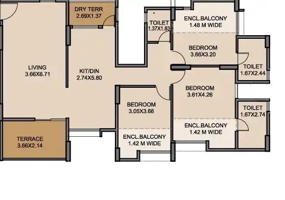 Floor plan of 3 BHK 827 Sq. Ft. Apartment in Venkatesh Graffiti, Pune