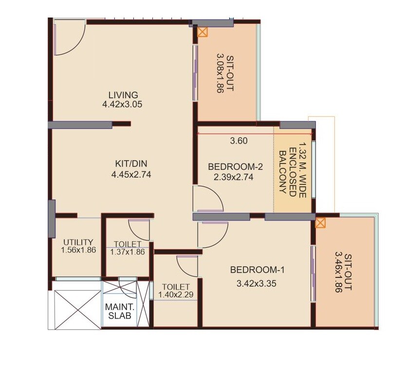 Floor plan of 2 BHK 762 Sq. Ft. Apartment in Venkatesh Graffiti Elan, Pune