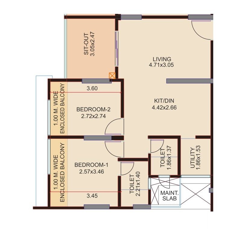 Floor plan of 2 BHK 815 Sq. Ft. Apartment in Venkatesh Graffiti Elan, Pune