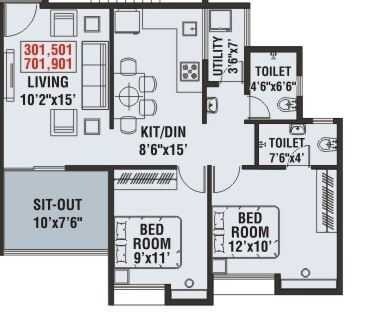 Floor plan of 2 BHK 763 Sq. Ft. Apartment in Venkatesh Lake Life, Pune