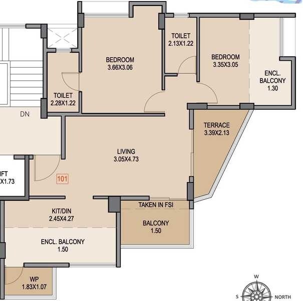 Floor plan of 2 BHK 744 Sq. Ft. Apartment in Venkatesh Lake Orchid, Pune