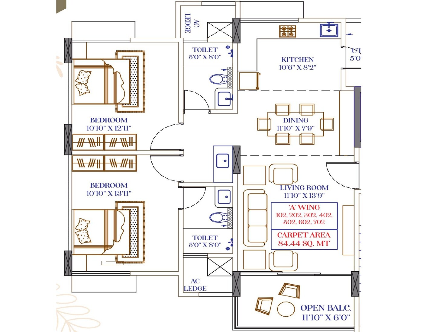Floor plan of 2 BHK 908 Sq. Ft. Apartment in Venkatesh Lake Town, Pune
