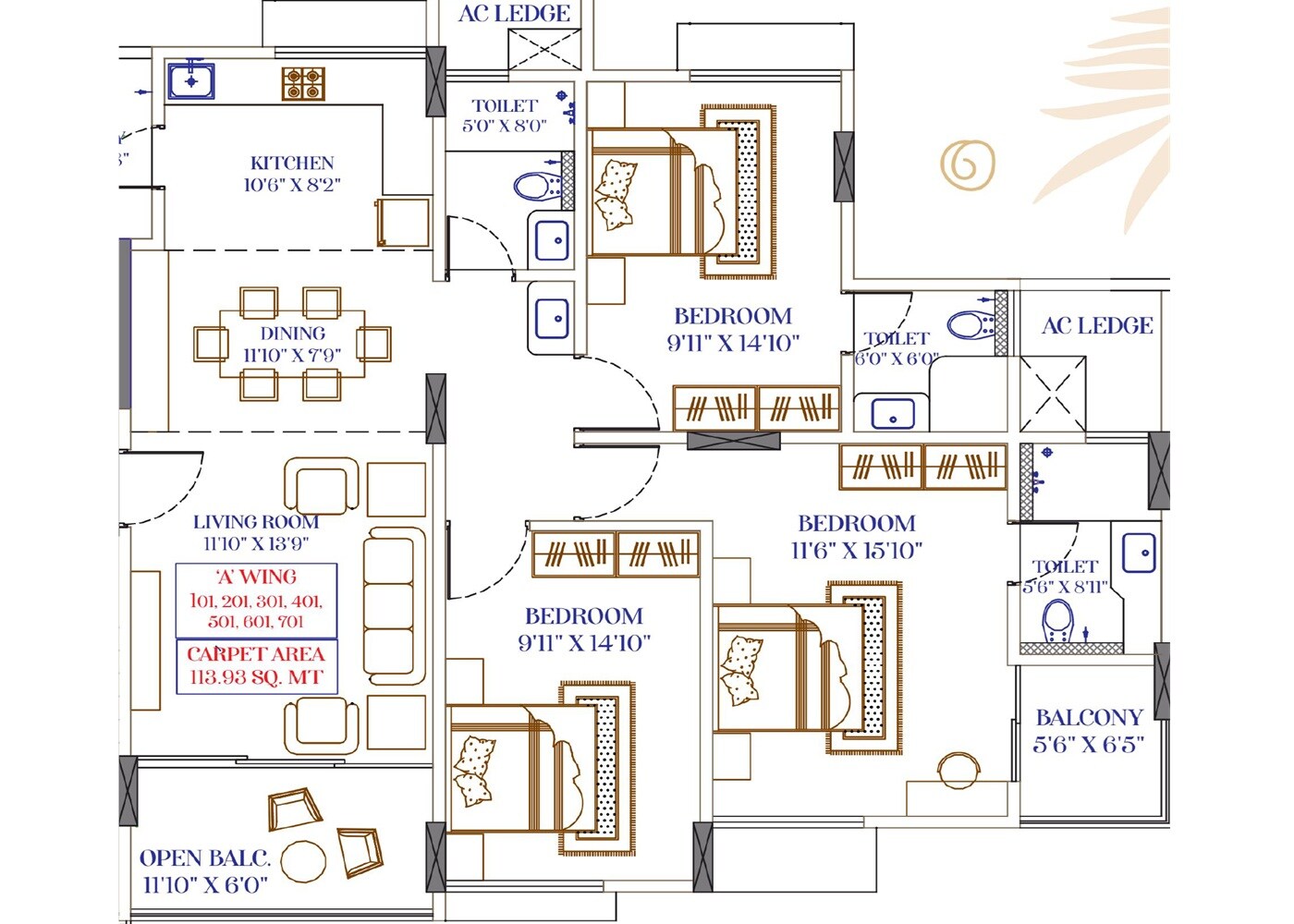Floor plan of 3 BHK 1226 Sq. Ft. Apartment in Venkatesh Lake Town, Pune