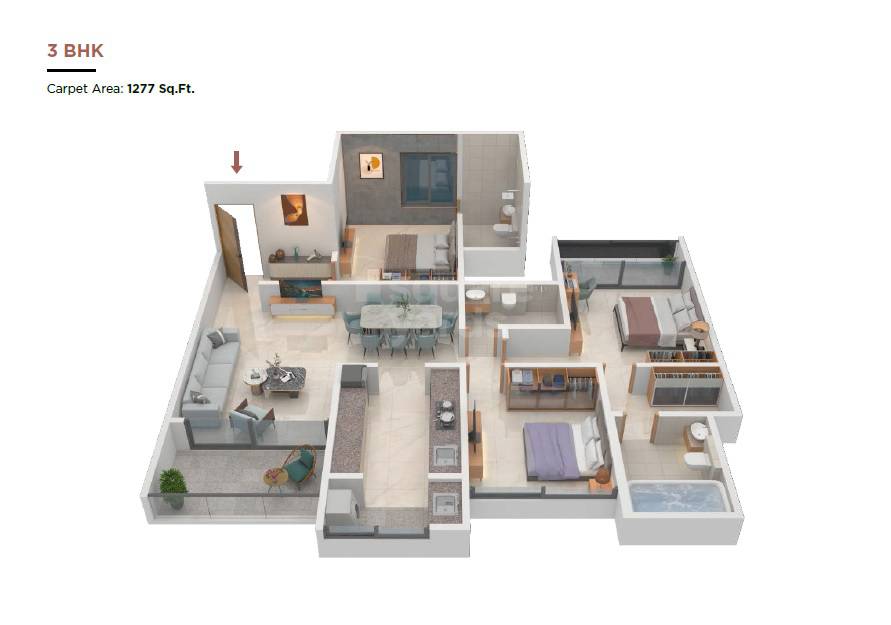 Floor plan of 3 BHK 1277 Sq. Ft. Apartment in Venkatesh Laurel, Pune