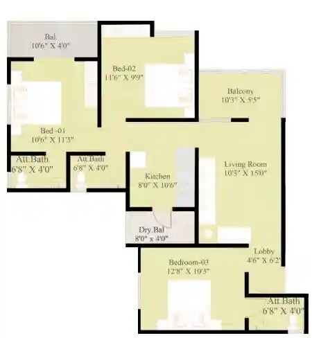 Floor plan of 3 BHK 751 Sq. Ft. Apartment in Venkatesh Little Heart, Pune