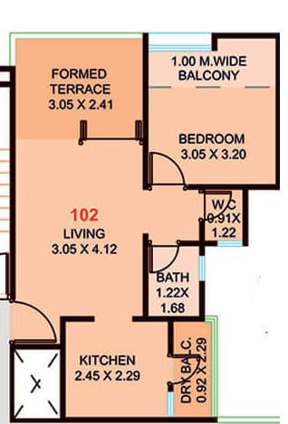 Floor plan of 1 BHK 358 Sq. Ft. Apartment in Venkatesh Navita, Pune