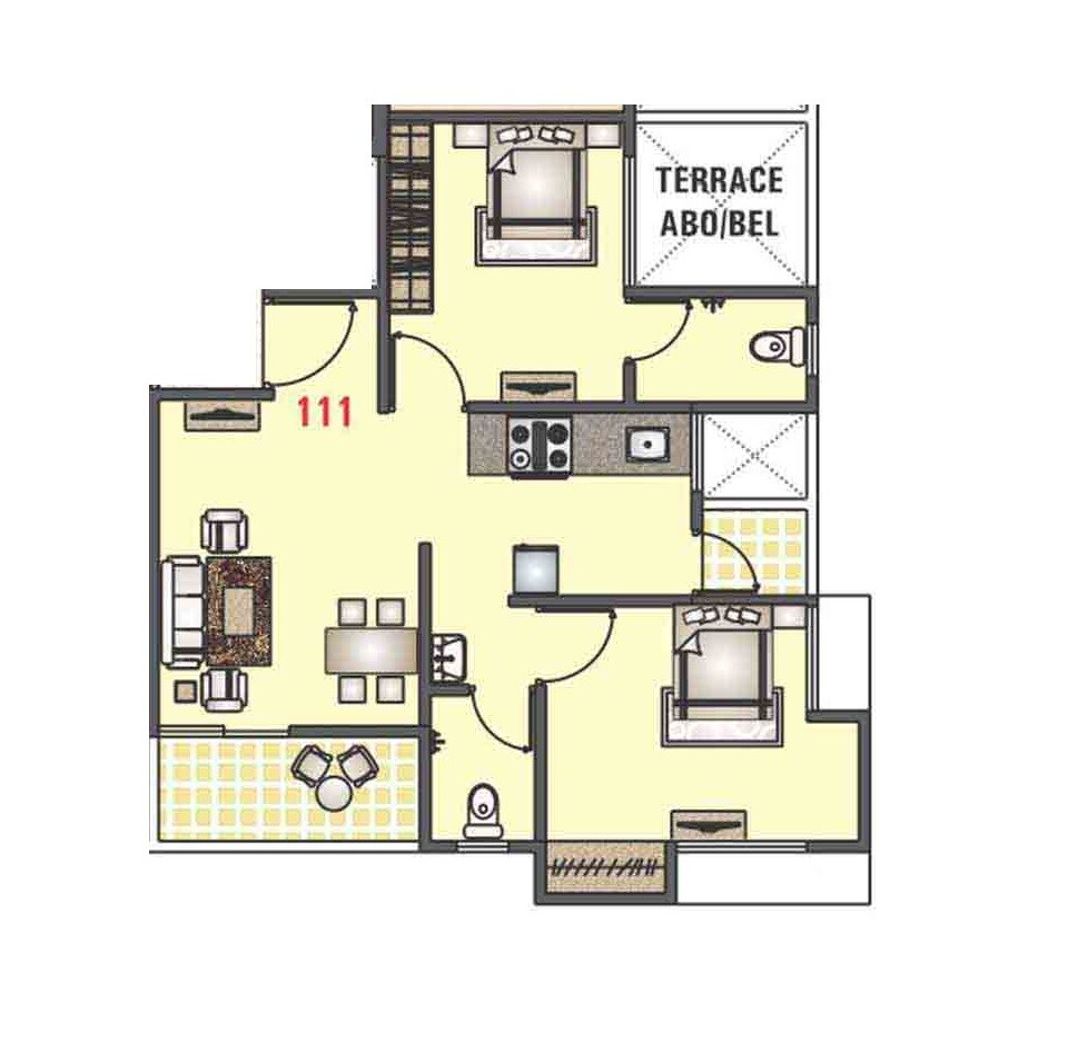 Floor plan of 2 BHK 609 Sq. Ft. Apartment in Venkatesh Oxy Flora, Pune