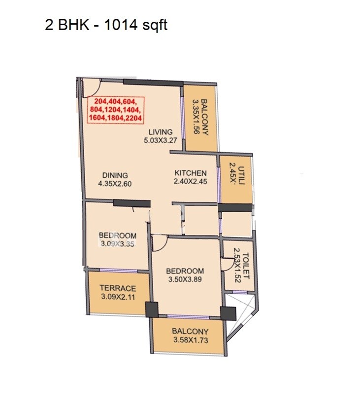 Floor plan of 2 BHK 1014 Sq. Ft. Apartment in Venkatesh Skydale, Pune